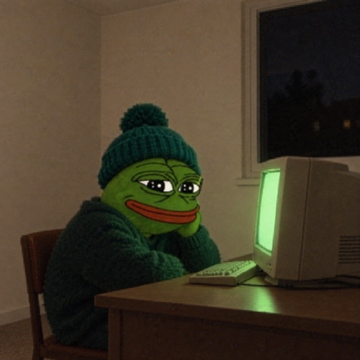 PepeGpt sitting at a glowing old computer at night