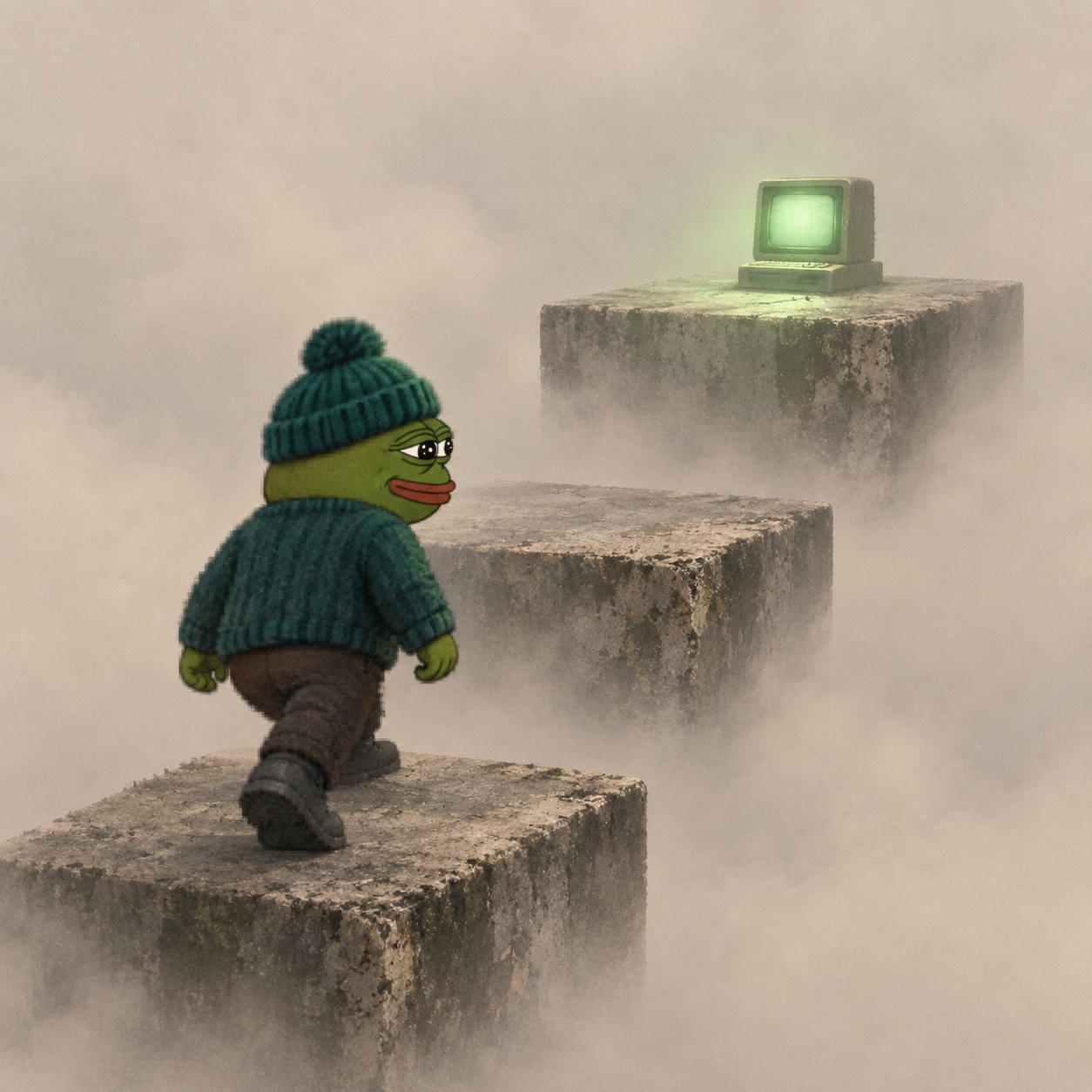 PepeGpt climbing three floating steps toward a glowing terminal